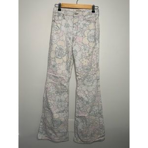 Mother Jeans, white floral print wide leg flare